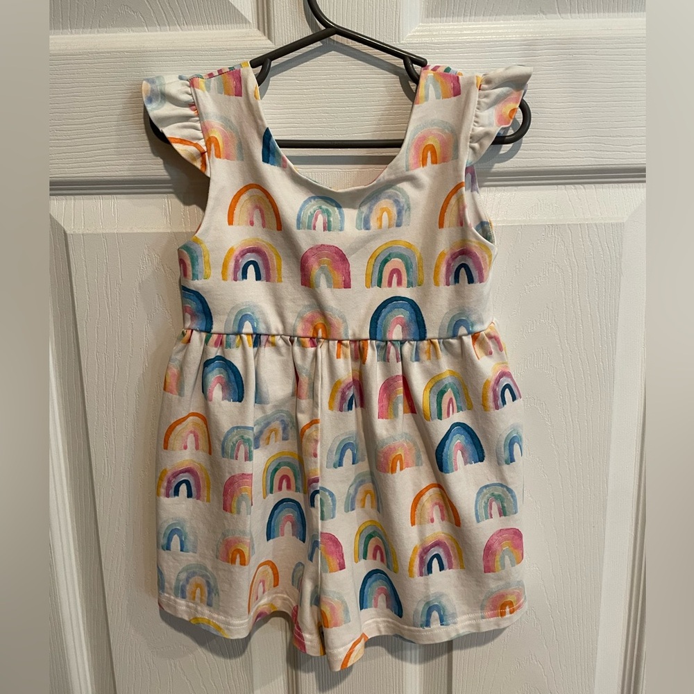 Girls Rainbow Print Sleeveless Dress - White Multicolor